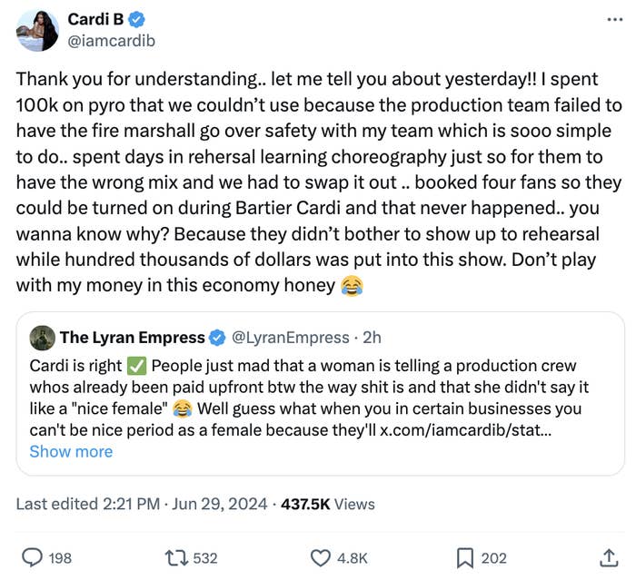 Tweet from Cardi B (@iamcardib) explaining why her performance was canceled due to production safety concerns and issues with funding