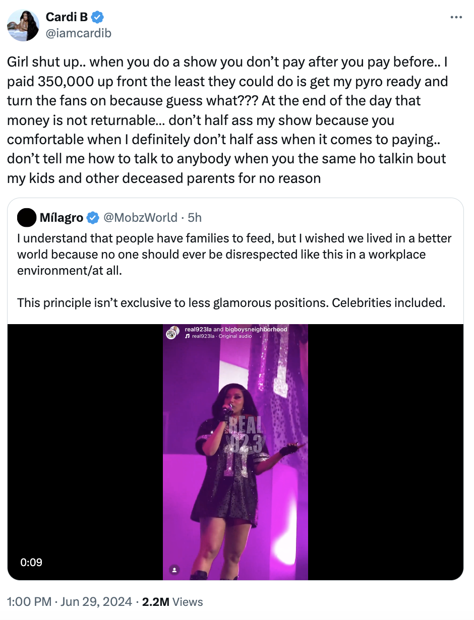 Cardi B tweet: Expresses frustration about concert payment and the importance of doing her best for fans. Includes a video still of Cardi B performing on stage