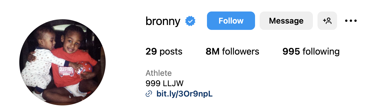 Instagram profile of user &quot;bronny&quot; with 8 million followers and 995 following. The profile picture shows two young children hugging