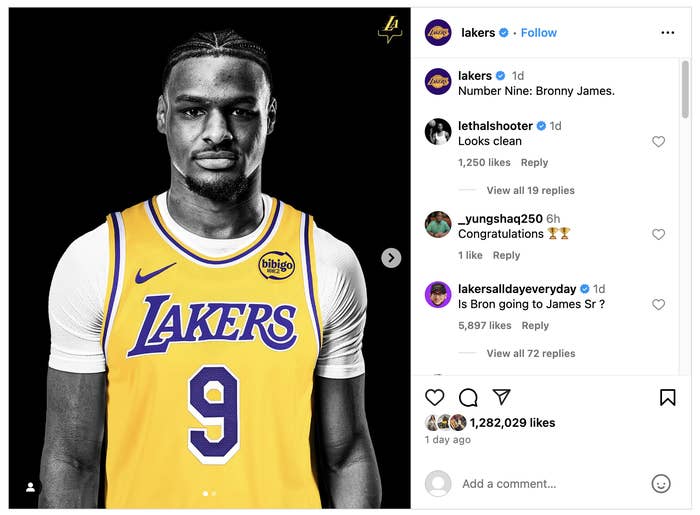 Bronny James in a Lakers jersey, Instagram post by Lakers. Comments include praise and congratulations on his number selection