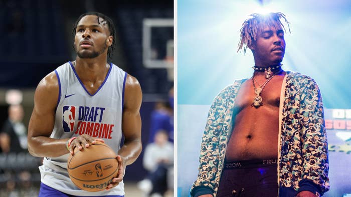 From left to right: Bronny James in sports attire holds a basketball on a court, and Juice WRLD performs shirtless on stage wearing a jacket and necklace