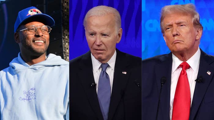 Pharrell Williams in casual wear, Joe Biden in a suit and tie, and Donald Trump in a suit and red tie