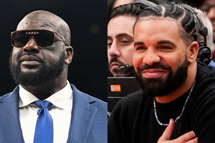 Shaquille O'Neal in a suit and tie with sunglasses, and Drake seated and smiling, in a casual outfit