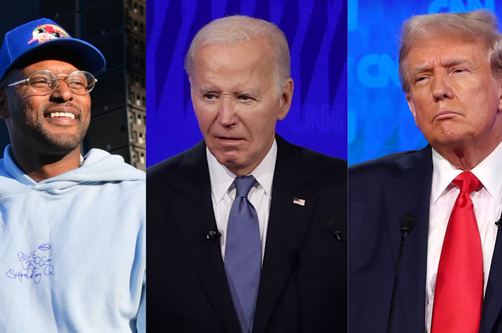 Wearing a light blue hoodie and cap, Will.I.Am smiles, while Joe Biden and Donald Trump, both in suits and ties, appear serious in separate images