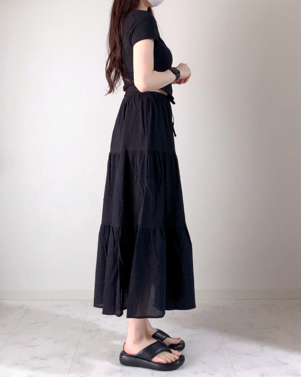 GU(ジーユー)のおすすめスカート「ティアードロングスカートQ+E」