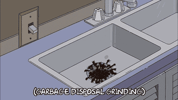 An animated scene shows a garbage disposal grinding ants in a sink, captioned "(GARBAGE DISPOSAL GRINDING)."