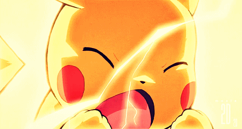 Pikachu from Pokémon using an electric attack with a determined expression