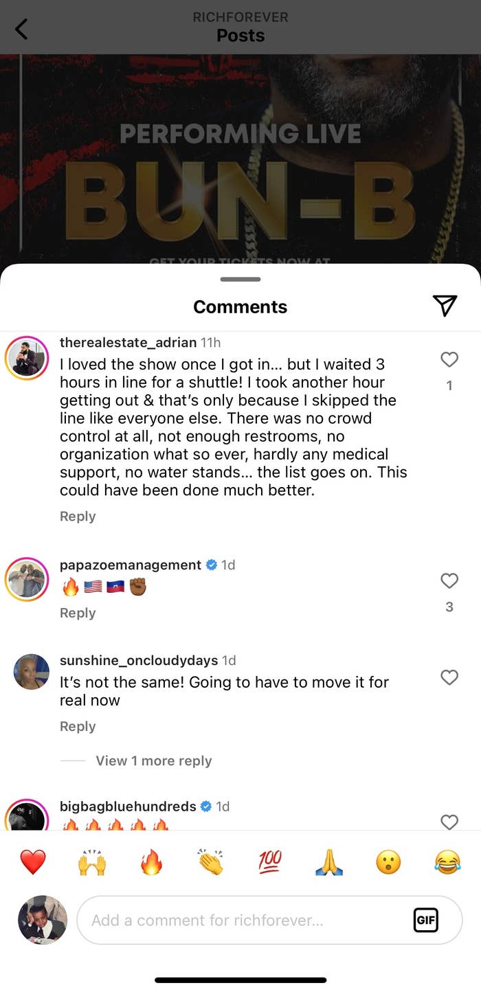 Instagram post by Rich Forever promoting Bun-B live performance. Comments discuss long wait times, lack of organization, and insufficient facilities at the event