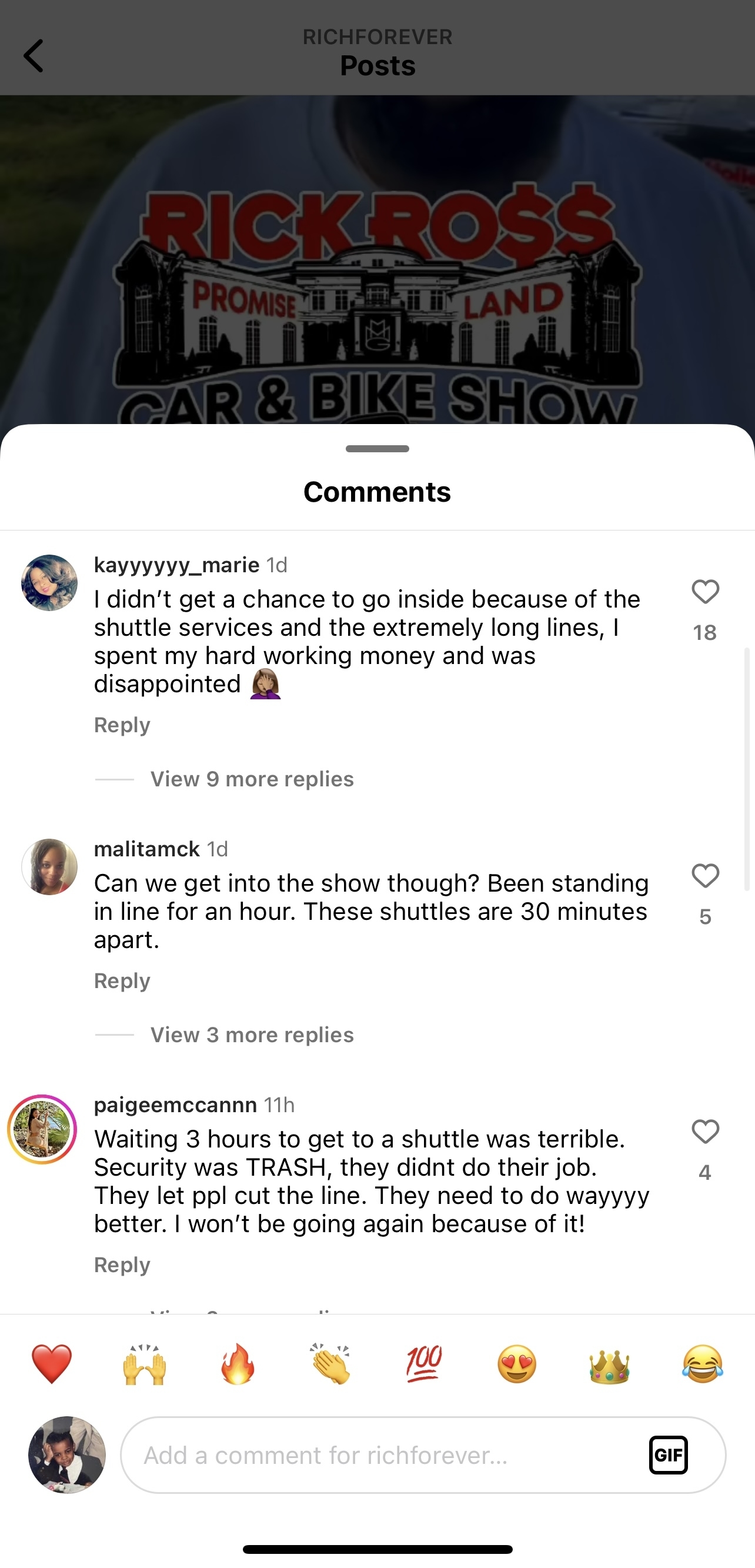 Screenshot of Instagram comments on Rick Ross&#x27;s post about the Car &amp; Bike Show. Complaints about long lines and shuttle service issues, including difficulty getting in and cutting in line