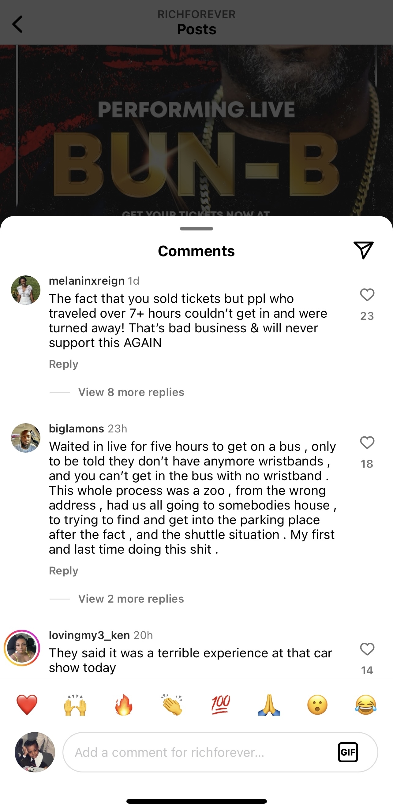Instagram post by RICHFOREVER featuring comments about a Bun B performance. Users express frustration about ticket and wristband issues, long wait times, and disorganization