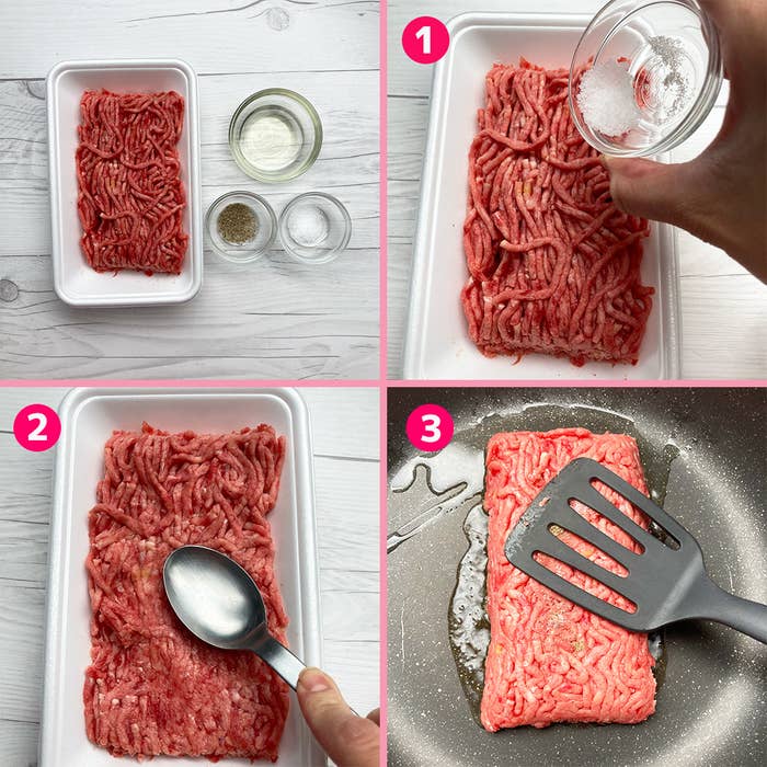 ひき肉を使ったレシピの手順。1. 調味料を加える、2. スプーンでならす、3. フライパンで焼く。