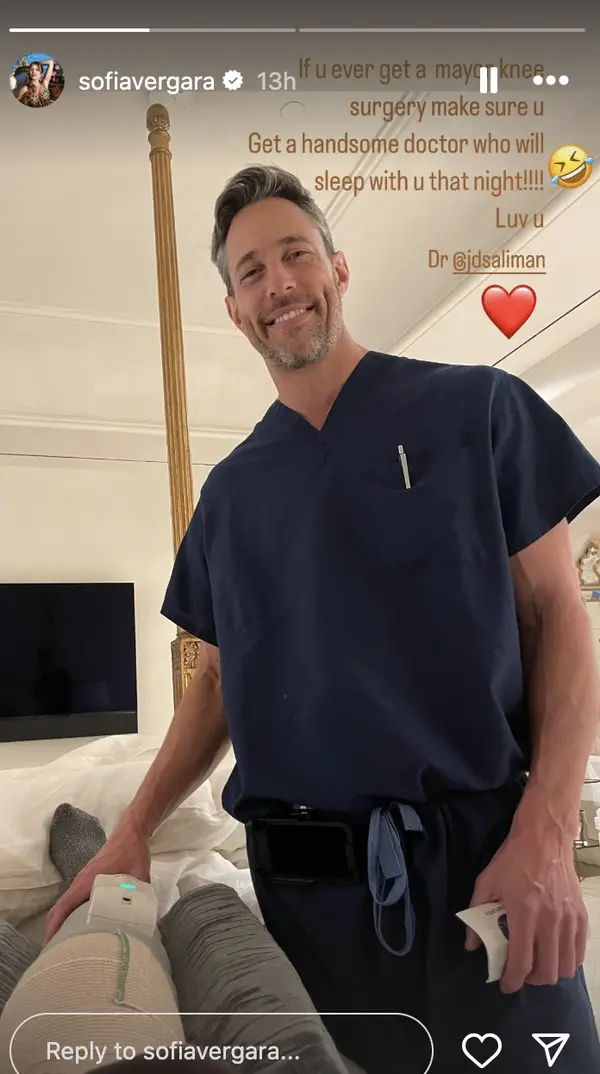 Sofia Vergara's Instagram story shows Dr. J. Saliman in scrubs smiling, holding medical supplies next to a bed. Overlay text jokes about finding a handsome doctor