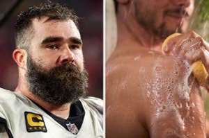Jason Kelce wears his NFL uniform, portraying a serious expression. Another person is not clearly visible, shown showering with a sponge