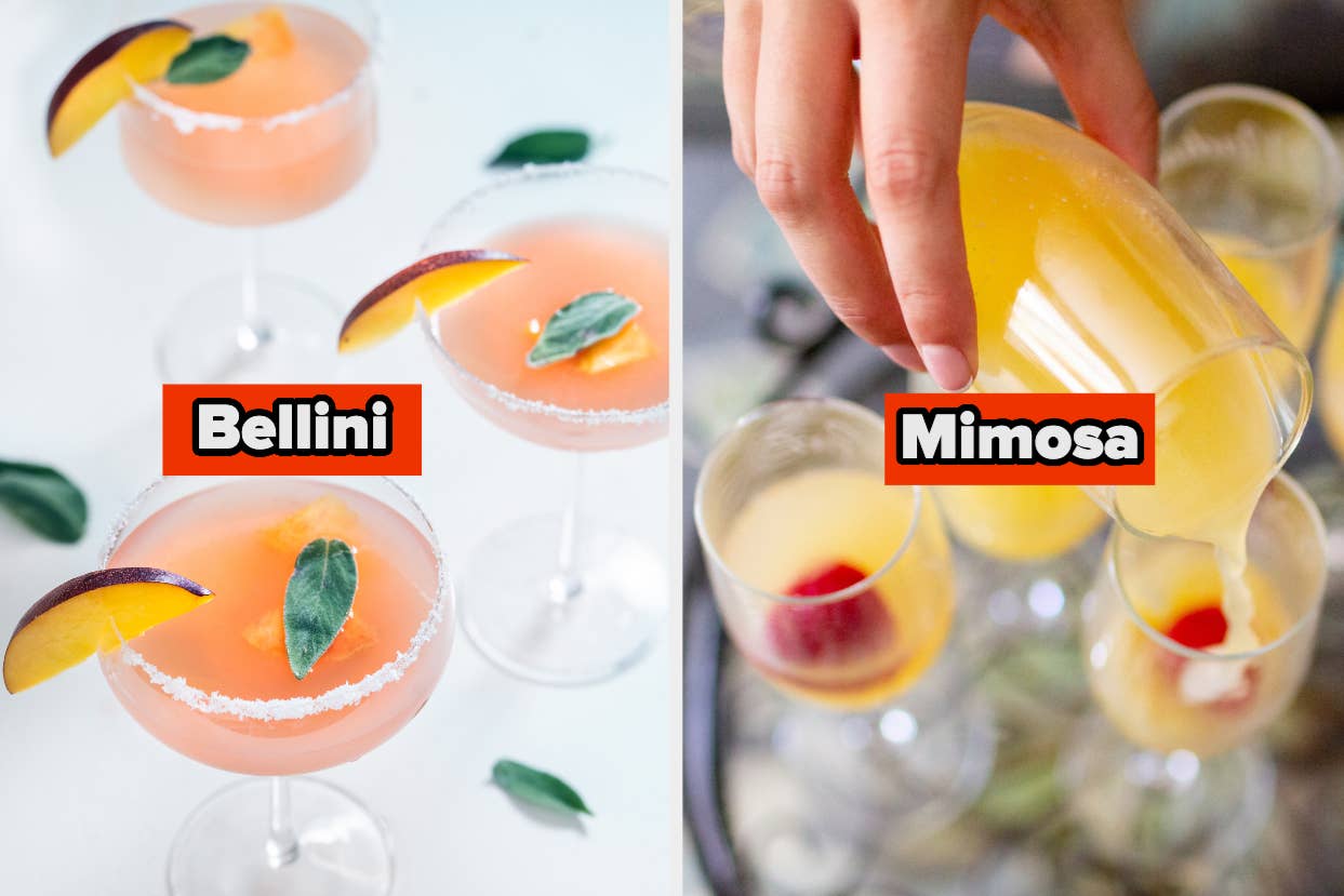 Bellini cocktails with peach slices on left; hand pouring Mimosa into glasses with raspberries on right