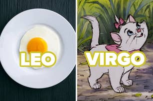 A plate with a fried egg labeled "Leo" and Marie, a kitten from Disney's The Aristocats, labeled "Virgo."