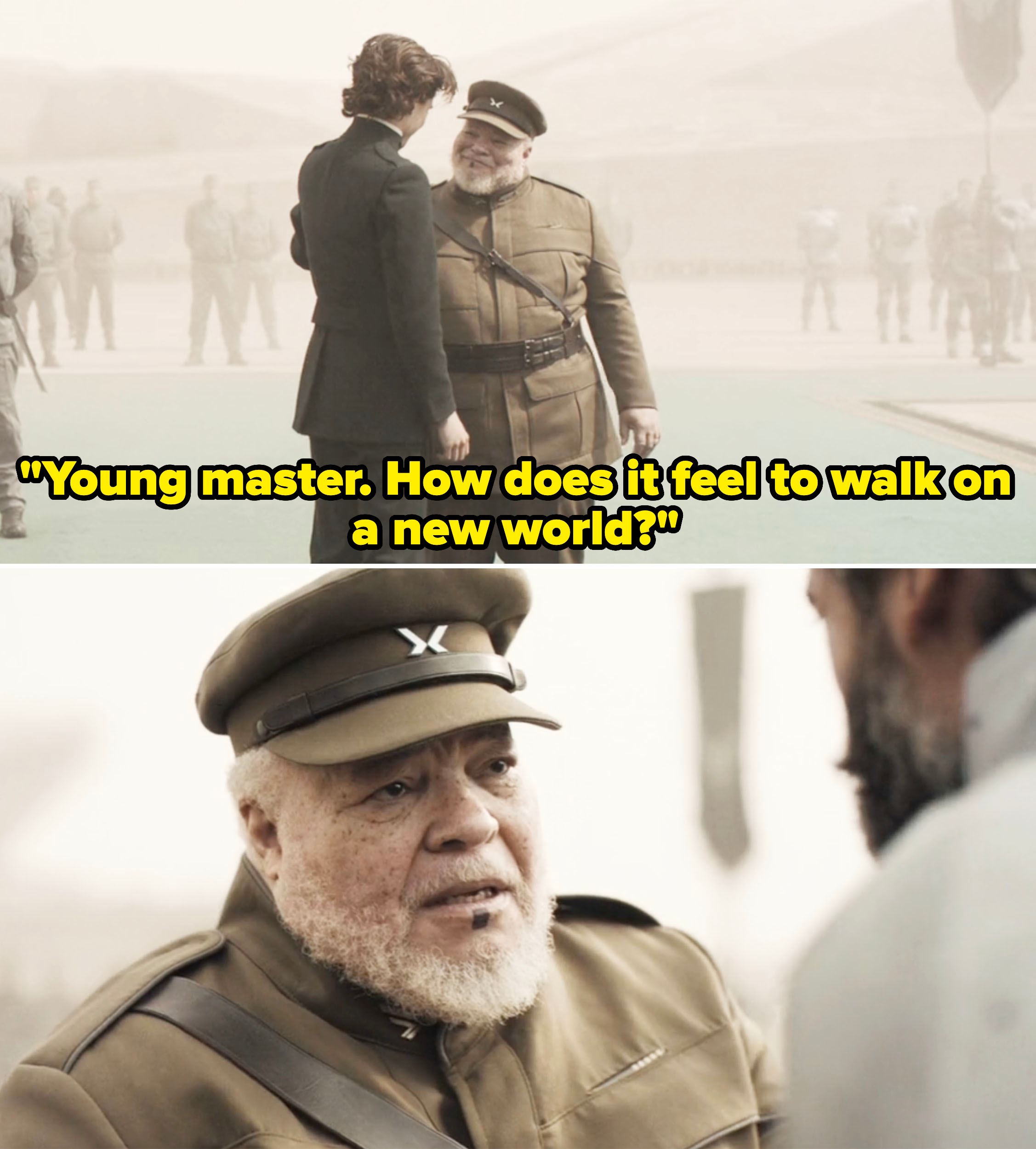 Timothée Chalamet and Stephen McKinley Henderson in military-style attire in scenes from "Dune."