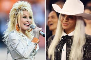 Dolly Parton and Beyoncé, both smiling. Dolly is performing, wearing a studded outfit with large earrings. Beyoncé is seated, wearing a white cowboy hat and black bow tie