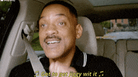 Will Smith is smiling and dancing in a car while singing with the caption, &quot;Got to get jiggy wit it&quot;