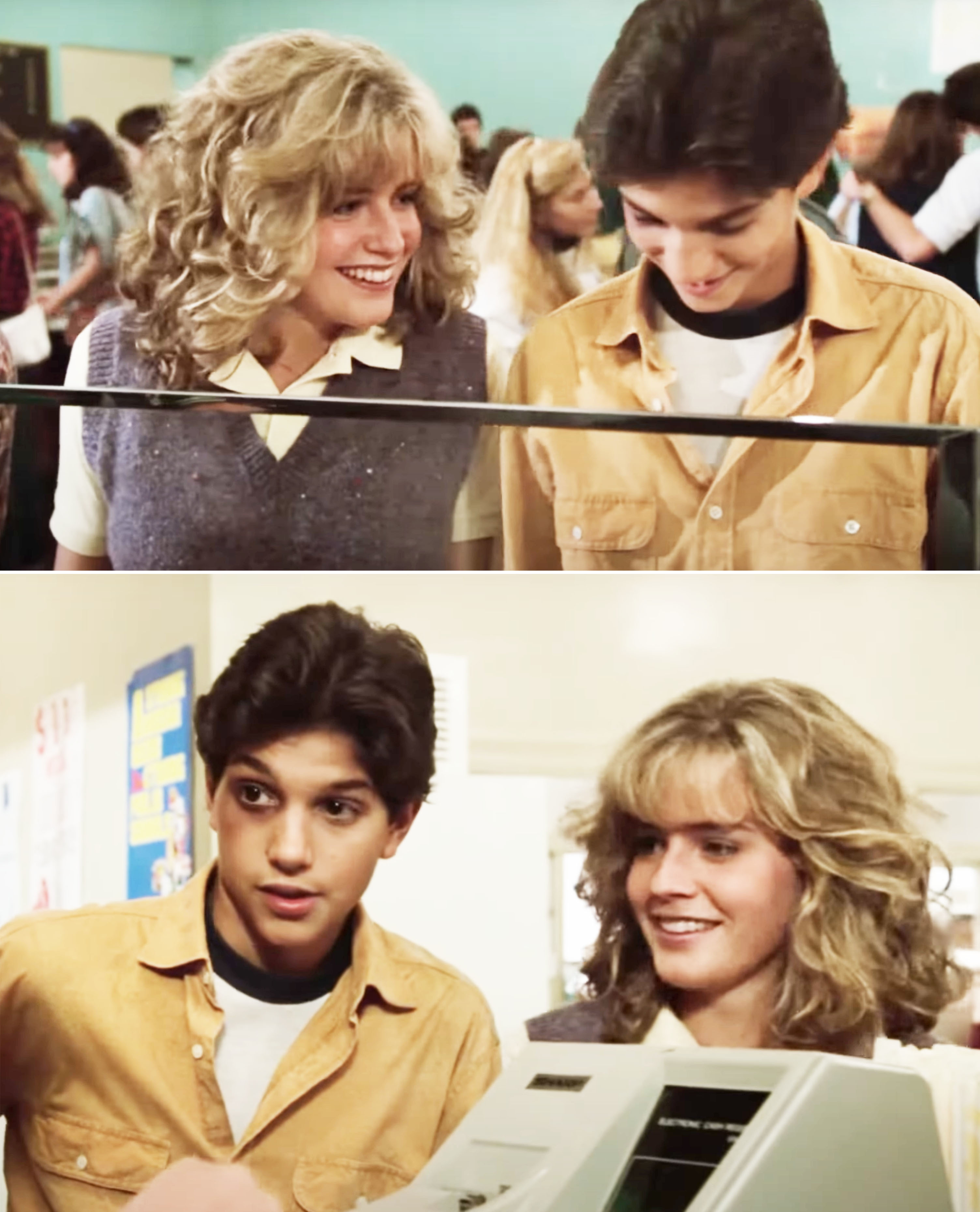 Scenes from "The Karate Kid" show Ali Mills (Elisabeth Shue) and Daniel LaRusso (Ralph Macchio) at school, smiling and talking