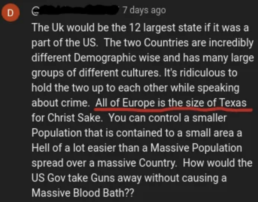 A comment discussing the UK and the US, noting the size differences between Europe and Texas and expressing opinions on demographic and crime-related issues