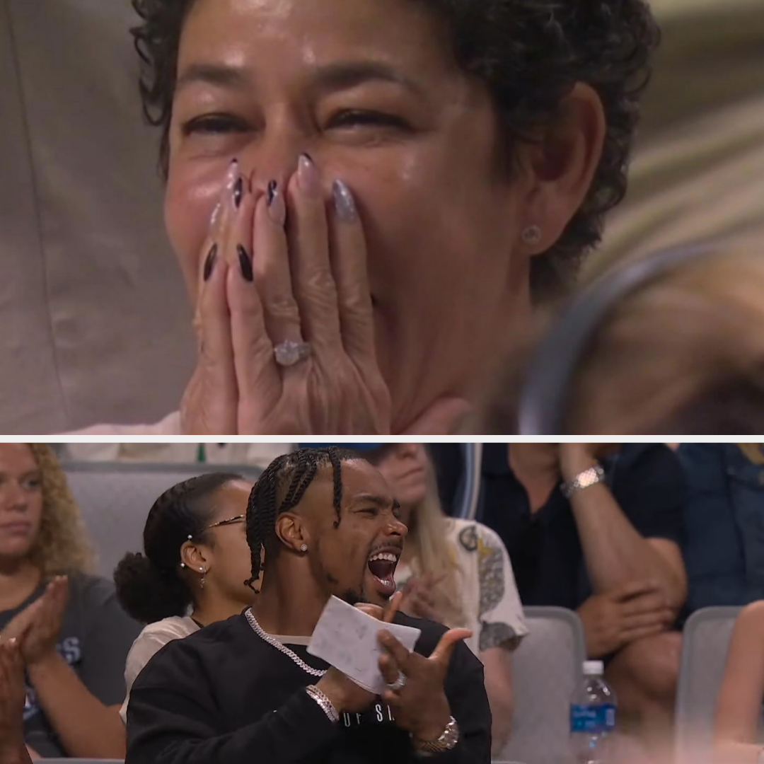 Closeup shots of Nellie Biles and Jonathan Owens in the crowd at the gymnastic championships