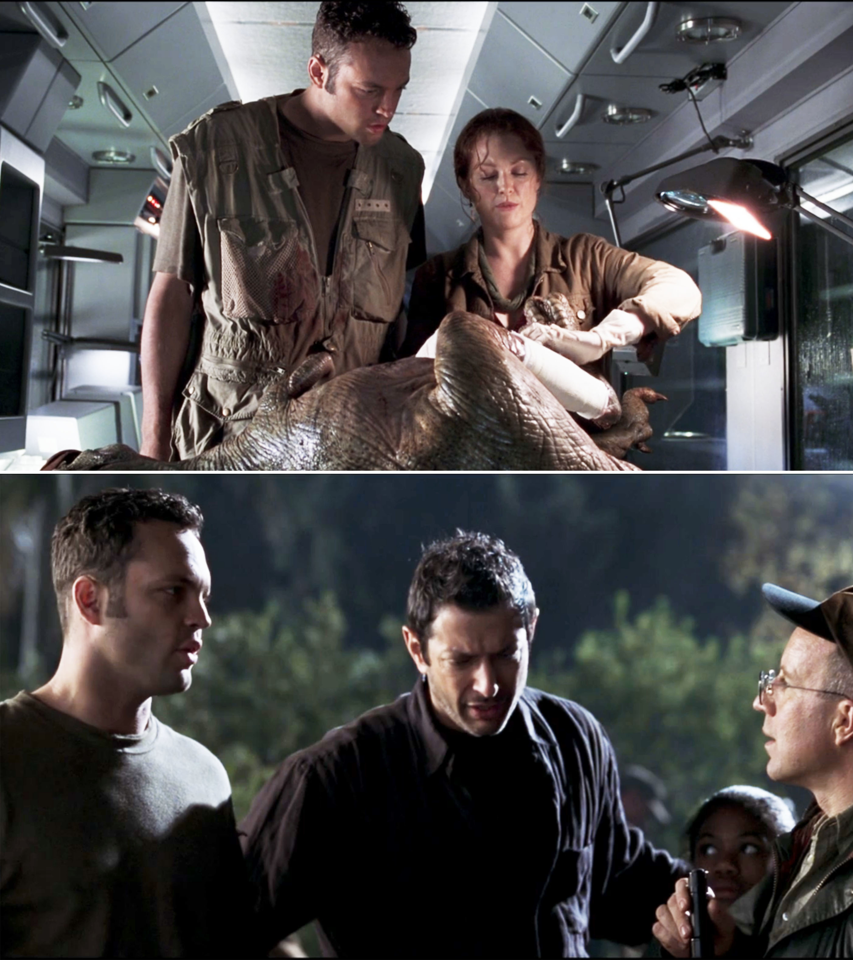 Vince Vaughn and Julianne Moore work on a dinosaur, Jeff Goldblum stands with Vaughn in another scene from "The Lost World: Jurassic Park."