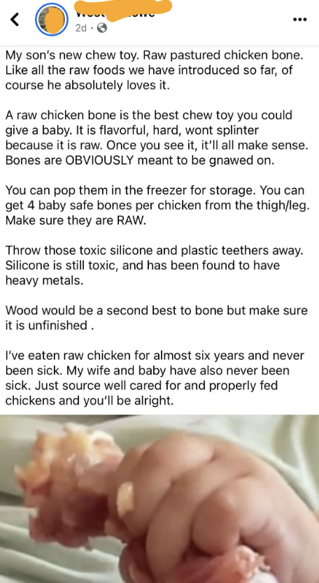 A Facebook post with an image of a baby holding a raw chicken bone. The post discusses giving raw chicken bones to babies as teething toys and their supposed benefits