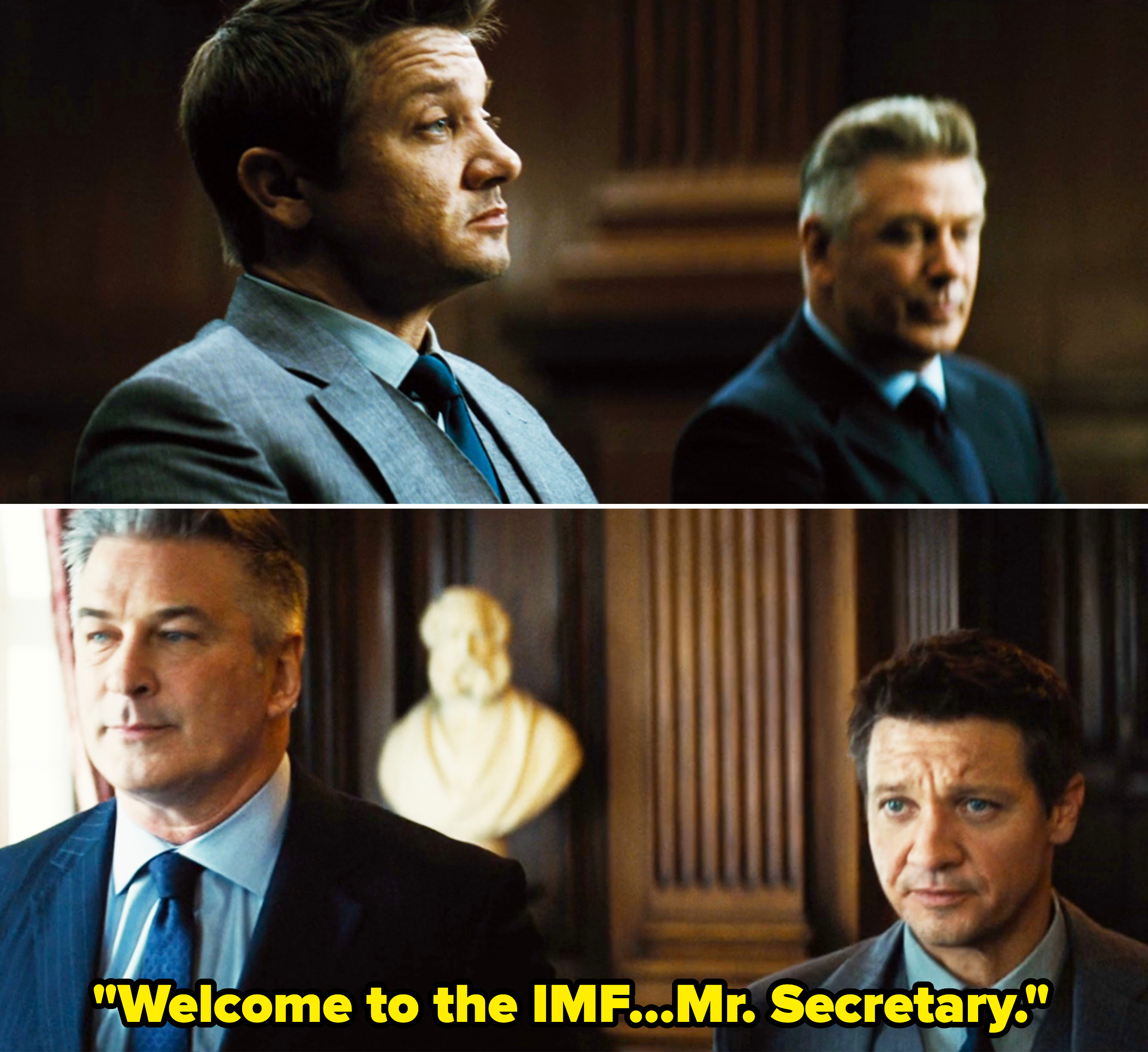 Jeremy Renner and Alec Baldwin, both in suits, appear serious in a courtroom scene from a TV show or movie