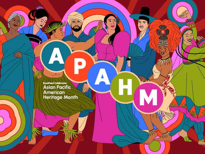 Illustration celebrating Asian Pacific American Heritage Month with diverse characters in traditional and modern outfits, including dancers and musicians
