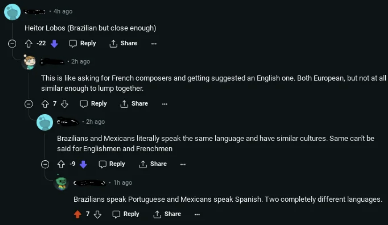 A series of YouTube comments discussing the differences between Brazilian and Mexican cultures and languages, with users providing clarifications and corrections