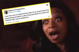 Close-up of an excited New York from Flavor of Love, reacting. Overlay tweet by @Brieyonce about a mom telling her kids to clean up because MLK was coming over