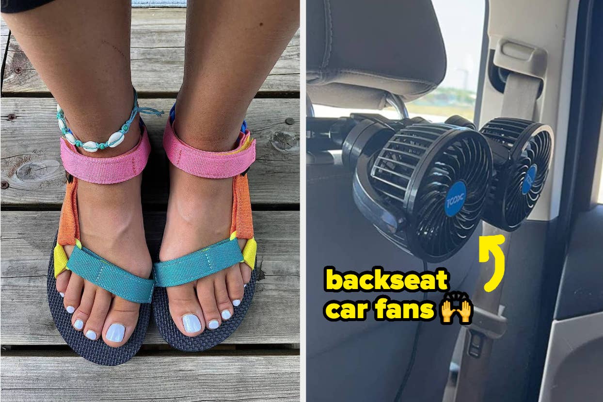 Close-up of a person wearing colorful sandals on the left; on the right, a dual-fan for car backseats with text "backseat car fans" and emoji