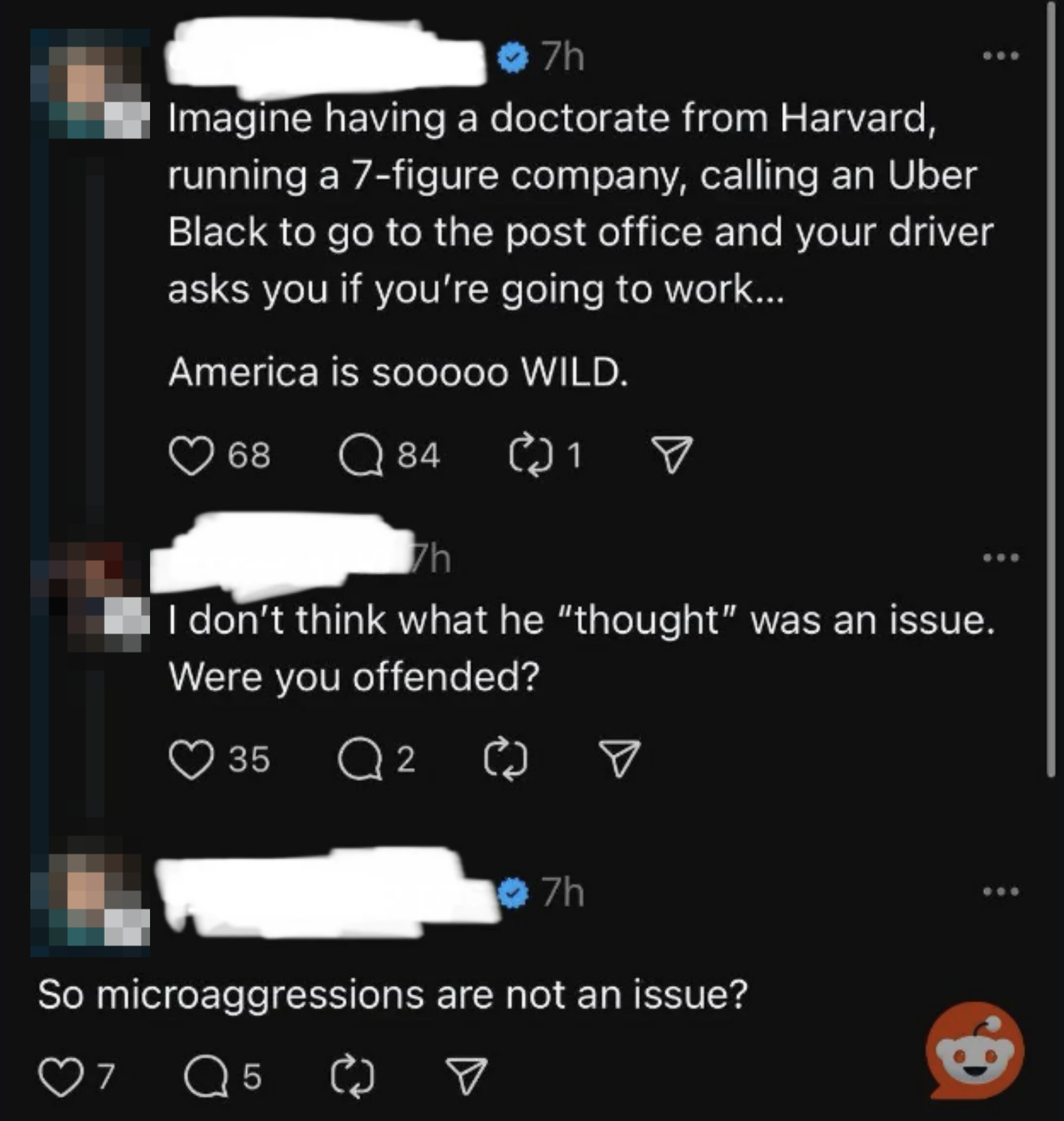 Three tweets discuss assumptions based on appearance and microaggressions. The first tweet describes an experienced professional assumed to be unemployed by an Uber driver