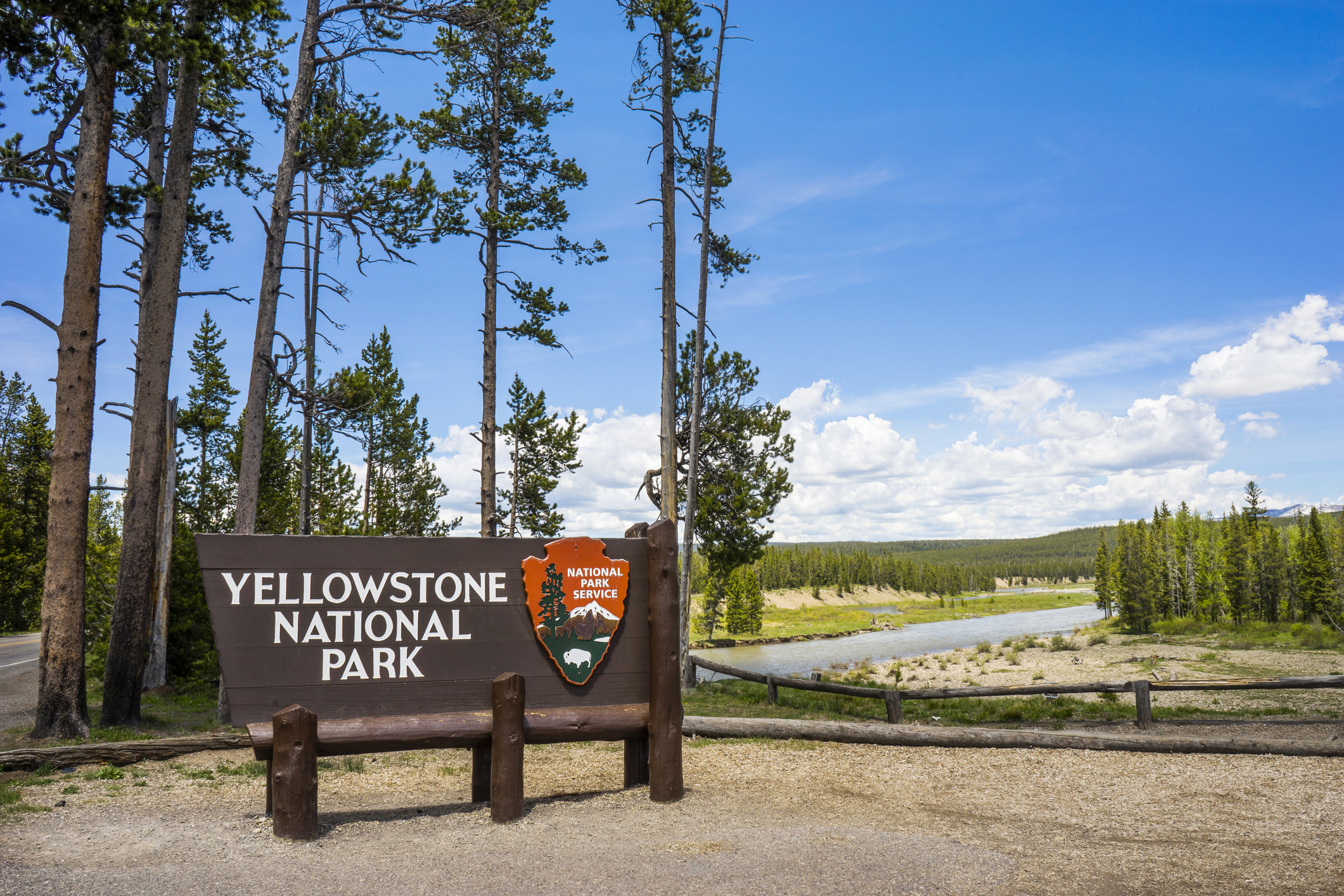 Yellowstone National Park entrance sign with trees and a stream in the background