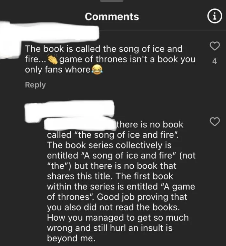 A person comments, wrongly calling the series a book titled "The Song of Ice and Fire". Another corrects them, stating the series title and clarifying the first book is "A Game of Thrones."
