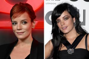 Lily Allen at two different events: one with short hair and a modern outfit, another with longer hair and an elegant black dress featuring a floral design