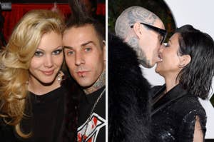Shanna Moakler smiling with Travis Barker in the left photo. Kourtney Kardashian and Travis Barker sharing a kiss in the right photo