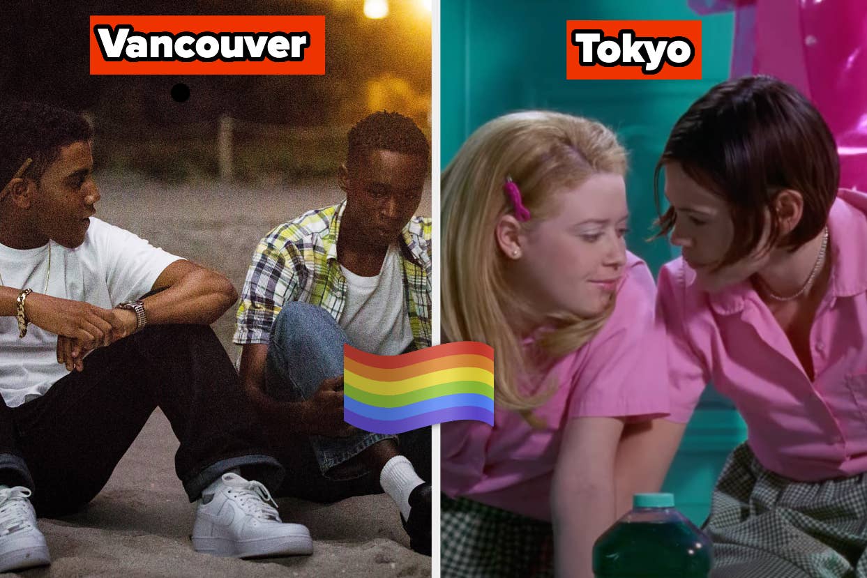 Split image: Left side shows two people sitting on the ground labeled "Vancouver." Right side shows two people in pink shirts in a close, caring moment labeled "Tokyo." Rainbow flag hovers bottom center