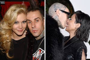 Shanna Moakler smiling with Travis Barker in the left photo. Kourtney Kardashian and Travis Barker sharing a kiss in the right photo