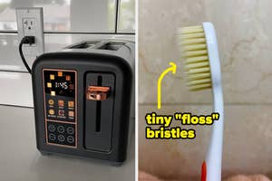 Left image: Modern toaster on a kitchen counter. Right image: Close-up of a toothbrush with tiny "floss" bristles indicated by text