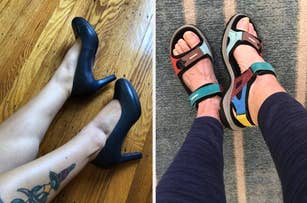Left: reviewer wearing black heels. Right: reviewer wearing colorful sporty sandals with straps