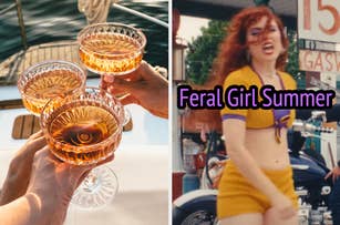 On the left, people clinking glasses, and on the right, Chappell Roan in the Hot to Go music vide labeled Feral Girl Summer