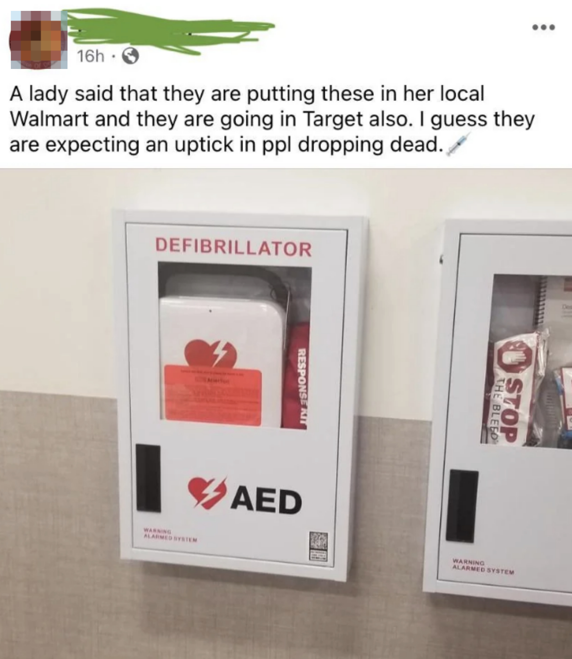 An AED (Automated External Defibrillator) mounted on a wall, described in a social media post suggesting its placement in stores indicates an expected rise in medical emergencies