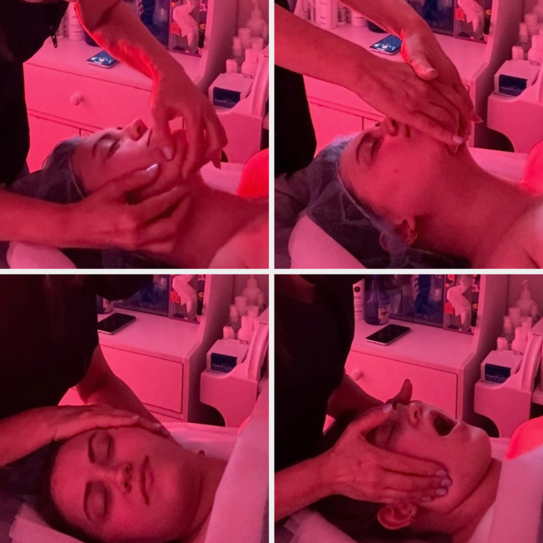 Four-panel image of a woman getting a facial massage at a spa, showing different stages of the treatment