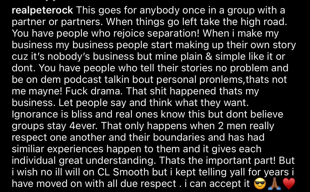 Screenshot of a social media post by realpeterock addressing issues of separation and respect between people, mentioning CL Smooth and emphasizing the importance of mutual understanding and boundaries