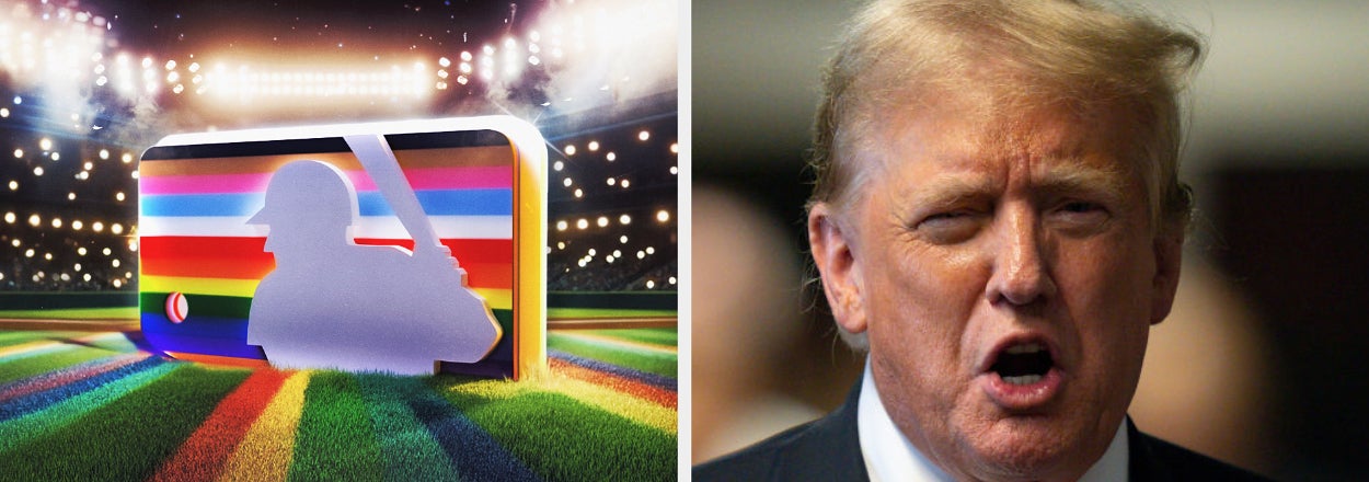 An MLB logo in rainbow colors promoting inclusivity with the text "Baseball is everyone's game. #PRIDE" next to a photo of Donald Trump speaking
