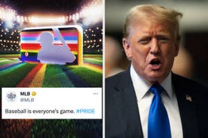 An MLB logo in rainbow colors promoting inclusivity with the text "Baseball is everyone's game. #PRIDE" next to a photo of Donald Trump speaking
