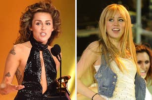 Miley Cyrus on stage wearing a glittering halter-neck outfit (left) and Miley Cyrus performing in a denim vest and white top (right)