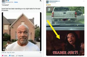 Kurt Angle stands outside by a house on left. On right, a photo shows "Biden is a Trader" on a truck with a meme of Whoopi Goldberg below, saying "Trader Joe?!"