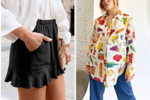 Person on the left wears a white blouse with black ruffled shorts, holding a clutch. Person on the right wears a printed shirt with various colorful designs and blue jeans
